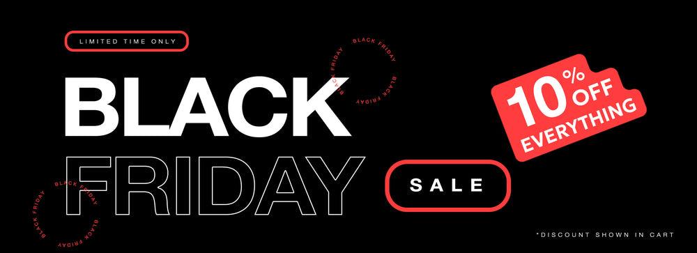 Black Friday sale banner with '10% off everything' offer on a black background