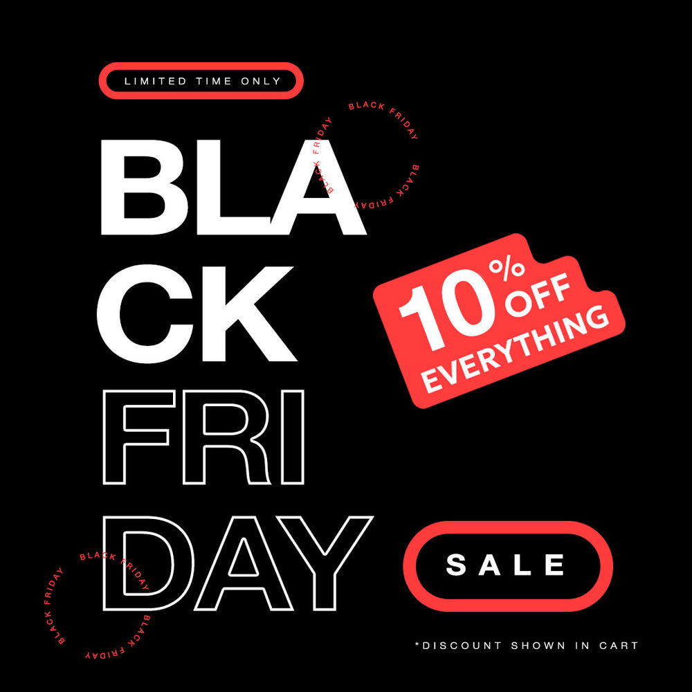 Black Friday sale banner with '10% off everything' offer on a black background