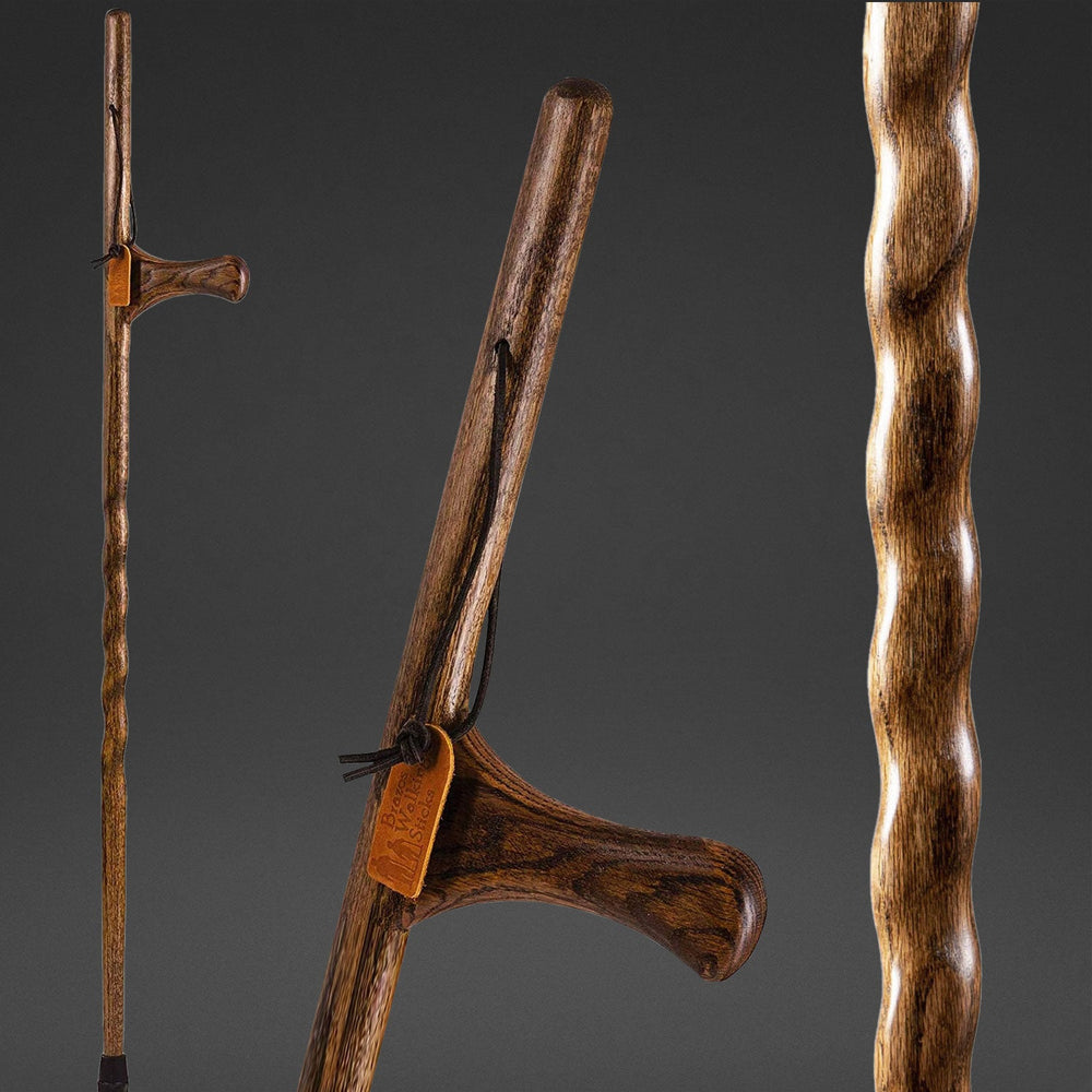 Handcrafted twisted oak dual-purpose walking stick with ergonomic handle

