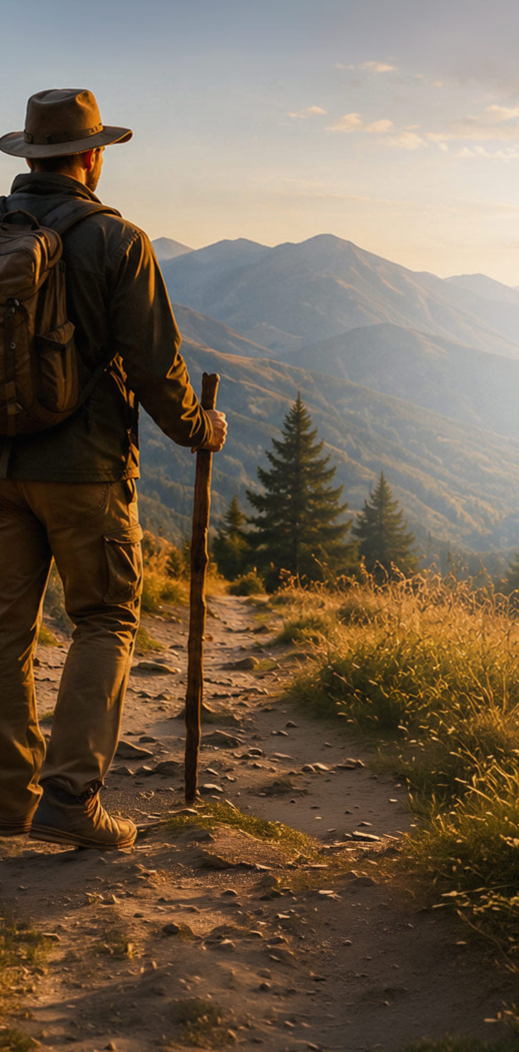Hiker using a handcrafted Brazos walking stick