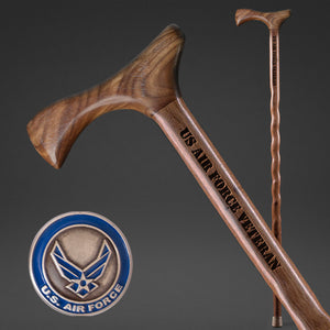 
                  
                    Handcrafted walnut walking cane engraved “US Navy Veteran” with ergonomic handle
                  
                