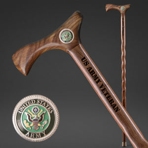 
                  
                    Handcrafted hickory walking stick engraved “U.S. Army Veteran” with ergonomic handle
                  
                