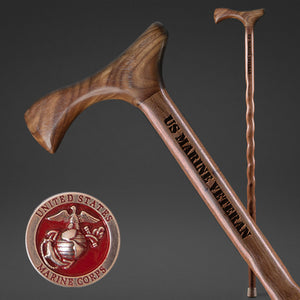 
                  
                    Handcrafted walnut walking cane engraved “US Marine Veteran” with ergonomic handle


                  
                