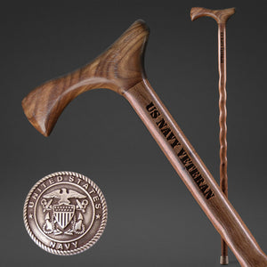 
                  
                    Handcrafted walnut walking cane engraved “US Navy Veteran” with ergonomic handle


                  
                